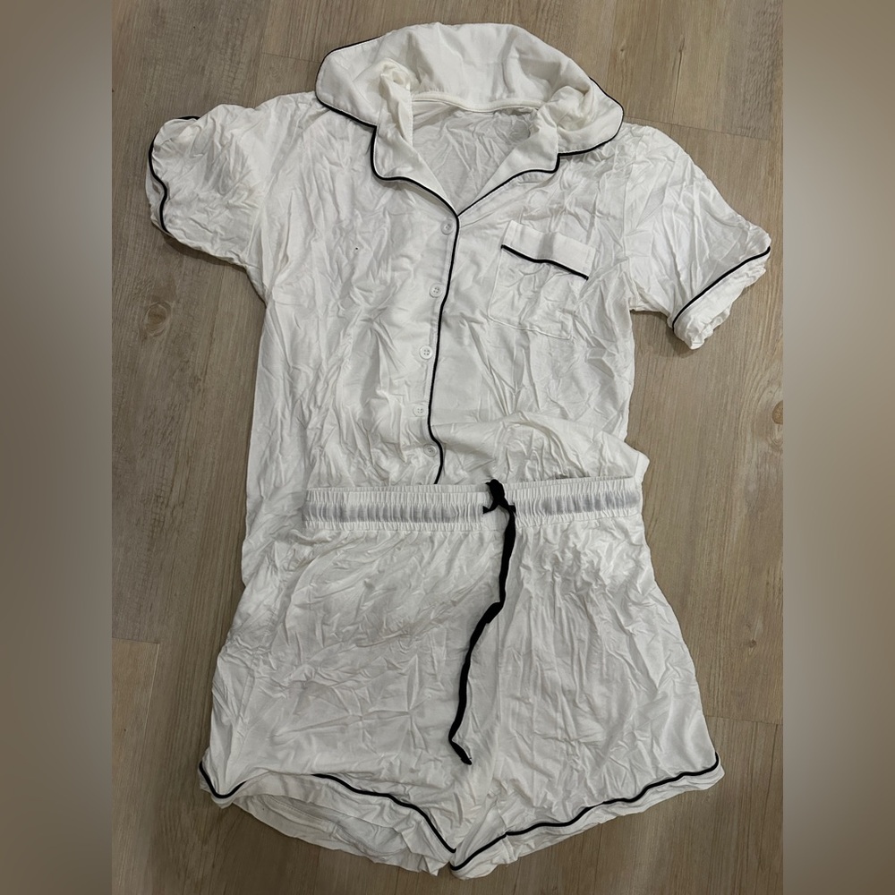 Women's White Pajama Set with Black Trim